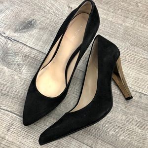 Nine West Black Suede Gold Heeled Pumps